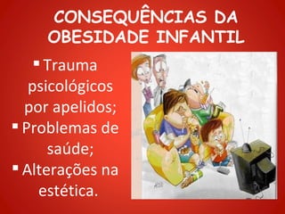 CONSEQUÊNCIAS DA
     OBESIDADE INFANTIL
     Trauma
   psicológicos
  por apelidos;
 Problemas de
      saúde;
 Alterações na
     estética.
 
