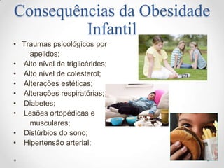 Consequências da Obesidade
         Infantil
• Traumas psicológicos por
    apelidos;
• Alto nível de triglicérides;
• Alto nível de colesterol;
• Alterações estéticas;
• Alterações respiratórias;
• Diabetes;
• Lesões ortopédicas e
    musculares;
• Distúrbios do sono;
• Hipertensão arterial;
 