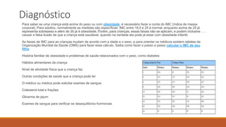 Diagnóstico
Para saber se uma criança está acima do peso ou com obesidade, é necessário fazer a conta do IMC (índice de massa
corporal). Para adultos, normalmente as medidas são específicas: IMC entre 18,5 e 25 é normal, enquanto acima de 25 já
representa sobrepeso e além de 30 já é obesidade. Porém, para crianças, essas faixas não se aplicam, e podem inclusive
causar a falsa ilusão de que a criança está saudável, quando na verdade ela pode já estar com obesidade infantil.
As faixas de IMC para as crianças mudam de acordo com a idade e o sexo, e para orientar os médicos existem tabelas da
Organização Mundial da Saúde (OMS) para fazer esse cálculo. Saiba como fazer o passo a passo calcular o IMC de seu
filho.
História familiar de obesidade e problemas de saúde relacionados com o peso, como diabetes
Hábitos alimentares da criança
Nível de atividade física que a criança faz
Outras condições de saúde que a criança pode ter
O médico ou médica pode solicitar exames de sangue:
Colesterol total e frações
Glicemia de jejum
Exames de sangue para verificar se desequilíbrios hormonais
 