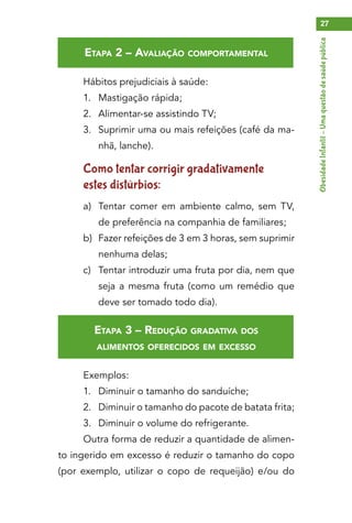 ObesidadeInfantil–Umaquestãodesaúdepública
27
Etapa 2 – Avaliação comportamental
Hábitos prejudiciais à saúde:
1.	 Mastigação rápida;
2.	 Alimentar-se assistindo TV;
3.	 Suprimir uma ou mais refeições (café da ma-
nhã, lanche).
Como tentar corrigir gradativamente
estes distúrbios:
a)	 Tentar comer em ambiente calmo, sem TV,
de preferência na companhia de familiares;
b)	 Fazer refeições de 3 em 3 horas, sem suprimir
nenhuma delas;
c)	 Tentar introduzir uma fruta por dia, nem que
seja a mesma fruta (como um remédio que
deve ser tomado todo dia).
Etapa 3 – Redução gradativa dos
alimentos oferecidos em excesso
Exemplos:
1.	 Diminuir o tamanho do sanduíche;
2.	 Diminuir o tamanho do pacote de batata frita;
3.	 Diminuir o volume do refrigerante.
Outra forma de reduzir a quantidade de alimen-
to ingerido em excesso é reduzir o tamanho do copo
(por exemplo, utilizar o copo de requeijão) e/ou do
 
