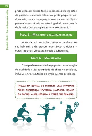 ObesidadeInfantil–Umaquestãodesaúdepública28
prato utilizado. Dessa forma, a sensação de ingestão
do paciente é alterada. Isto é, um prato pequeno, po-
rém cheio, ou um copo pequeno na mesma condição,
passa a impressão de se estar ingerindo uma quanti-
dade maior do que aquela realmente consumida.
Etapa 4 – Melhorar a qualidade da dieta
Incentivar a introdução crescente de alimentos
não habituais e de grande importância nutricional –
frutas, legumes, verduras, cereais e tubérculos.
Etapa 5 – Manutenção
Acompanhamento em longo prazo – manutenção
da qualidade e da quantidade da dieta no cotidiano,
inclusive em festas, férias e demais eventos cotidianos.
Inclua na rotina do paciente uma atividade
física prazerosa (futebol, natação, dança
ou outra) a ser seguida 3 vezes por semana.
 