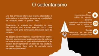 O sedentarismo
Incentivar seus filhos a
prática de esportes
Pais
Investimento em infraestruturas
públicas para a prática de
esportes.
Governo
Modificação em seu plano
de Ensino da Educação Física.
Escolas
Um dos principais fatores que levam à obesidade é o
sedentarismo: a inatividade aumenta e a possibilidade
da crianças virem a ganhar peso.
Atualmente, a maioria das atividades de lazer
das crianças não envolve exercício físico, pois
passam muito pelo computador, televisão e jogos de
consoles.
As escolas devem modificar seus métodos de ensino,
de modo a proporcionar aos jovens meios de poderem
tornar-se autônomos na prática de atividade física. As
escolas devem apresentar um estilo de vida saudável,
os quais devem fazer parte do currículo, numa
perspectiva transversal.
 