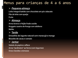 Menus para crianças de 4 a 6 anos
 Pequeno-almoço
Leite integral batido com chocolate em pó e abacate
Pão de leite com queijo
Fruta
 Almoço
Arroz branco e feijão frade cozido
Nuggets caseiro de frango com abóbora
Melão
 Tarde
Smoothie de iogurte natural com maracujá e manga
Biscoito de cacau e cereais
 Jantar
Salada de pepino e alface
Arroz “jardineira” ao forno (com legumes)
Ovos mexidos cremosos
 