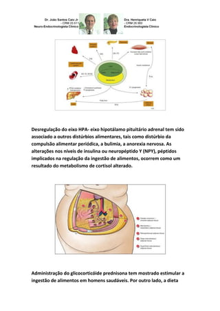Desregulação do eixo HPA- eixo hipotálamo pituitário adrenal tem sido
associado a outros distúrbios alimentares, tais como distúrbio da
compulsão alimentar periódica, a bulimia, a anorexia nervosa. As
alterações nos níveis de insulina ou neuropéptido Y (NPY), péptidos
implicados na regulação da ingestão de alimentos, ocorrem como um
resultado do metabolismo de cortisol alterado.
Administração do glicocorticóide prednisona tem mostrado estimular a
ingestão de alimentos em homens saudáveis. Por outro lado, a dieta
 