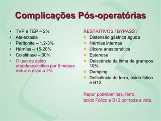 Complicações Pós-operatórias
• TVP e TEP – 2%
• Atelectasia
• Peritonite – 1,2-3%
• Hérnias – 15-20%
• Colelitíase – 30%
• O uso de ácido
ursodesoxicólico por 6 meses
reduz o risco a 2%
RESTRITIVOS / BYPASS :
Distensão gástrica aguda
Hérnias internas
Úlcera anastomótica
Estenose
Deiscência da linha de grampos
10%
Dumping
Deficiência de ferro, ácido fólico
e B12
Repor polivitaminas, ferro,
ácido Fólico e B12 por toda a vida.
 