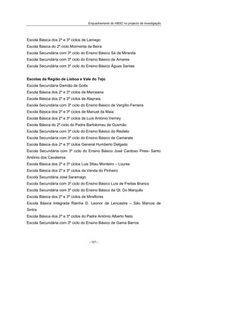 Enquadramento do HBSC no projecto de investigação
- 121 -
Escola Básica dos 2º e 3º ciclos de Lamego
Escola Básica do 2º ciclo Moimenta da Beira
Escola Secundária com 3º ciclo do Ensino Básico Sá de Miranda
Escola Secundária com 3º ciclo do Ensino Básico de Amares
Escola Secundária com 3º ciclo do Ensino Básico Águas Santas
Escolas da Região de Lisboa e Vale do Tejo
Escola Secundária Damião de Goês
Escola Básica dos 2º e 3º ciclos de Merceana
Escola Básica dos 2º e 3º ciclos de Alapraia
Escola Secundária com 3º ciclo do Ensino Básico de Vergílio Ferreira
Escola Básica dos 2º e 3º ciclos de Manuel da Maia
Escola Básica dos 2º e 3º ciclos de Luís António Verney
Escola Básica do 2º ciclo do Padre Bartolomeu de Gusmão
Escola Secundária com 3º ciclo do Ensino Básico do Restelo
Escola Secundária com 3º ciclo do Ensino Básico de Camarate
Escola Básica dos 2º e 3º ciclos General Humberto Delgado
Escola Secundária com 3º ciclo do Ensino Básico José Cardoso Pires- Santo
António dos Cavaleiros
Escola Básica dos 2º e 3º ciclos Luis Sttau Monteiro – Loures
Escola Básica dos 2º e 3º ciclos da Venda do Pinheiro
Escola Secundária José Saramago
Escola Secundária com 3º ciclo do Ensino Básico Luís de Freitas Branco
Escola Secundária com 3º ciclo do Ensino Básico da Qt. Do Marquês
Escola Básica dos 2º e 3º ciclos de Miraflores
Escola Básica Integrada Rainha D. Leonor de Lencastre – São Marcos de
Sintra
Escola Básica dos 2º e 3º ciclos do Padre António Alberto Neto
Escola Secundária com 3º ciclo do Ensino Básico de Gama Barros
 