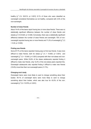 Identificação dos factores associados à percepção de excesso de peso e obesidade
- 151 -
healthy [χ
2
(1)= 36.013; p< 0.001]: 8.1% of those who were classified as
overweight considered themselves as not healthy, compared with 3.5% of the
non-overweight.
Number of close friends
About 74.4% of the teens report having two or more close friends. There was no
statistically significant difference between the number of close friends and
obesity [χ
2
(1)=0.625; p= 0.429]. Conversely, there was a statistically significant
difference between the number of close friends and overweight: 75% of non-
overweight reported having two or more friends and 71.2% of overweight [χ
2
(1)
= 5.24; p= 0.022].
Finding new friends
Some 87.7% of the teens reported it being easy to find new friends. It was more
difficult to make friends, both for obese [χ
2
(1) = 10.605; p< 0.001] and
overweight [χ
2
(1) = 10.645; p< 0.001] compared with their non-obese and non-
overweight peers. While 23.6% of the obese adolescents reported finding it
difficult to make new friends, only 12.2% of the non-obese peers reported this.
Overweight adolescents also reported finding it difficult to make new friends
(15.8%) more than their non-overweight peers (11.7%).
Changing one’s body
Overweight teens were more likely to want to change something about their
bodies: 49.1% of overweight teens were more likely to want to change
something about their bodies, which was also true for 43.0% of the non-
overweight [χ
2
(1)= 10.576; p< 0.001].
 