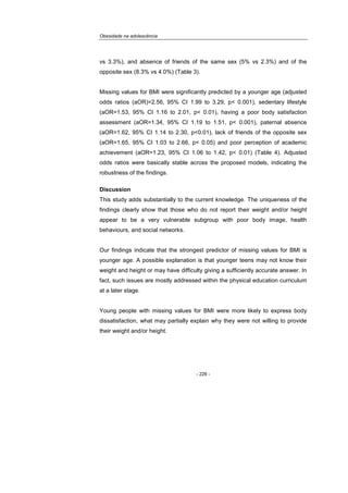 Obesidade na adolescência
- 226 -
vs 3.3%), and absence of friends of the same sex (5% vs 2.3%) and of the
opposite sex (8.3% vs 4.0%) (Table 3).
Missing values for BMI were significantly predicted by a younger age (adjusted
odds ratios (aOR)=2.56, 95% CI 1.99 to 3.29, p< 0.001), sedentary lifestyle
(aOR=1.53, 95% CI 1.16 to 2.01, p< 0.01), having a poor body satisfaction
assessment (aOR=1.34, 95% CI 1.19 to 1.51, p< 0.001), paternal absence
(aOR=1.62, 95% CI 1.14 to 2.30, p<0.01), lack of friends of the opposite sex
(aOR=1.65, 95% CI 1.03 to 2.66, p< 0.05) and poor perception of academic
achievement (aOR=1.23, 95% CI 1.06 to 1.42, p< 0.01) (Table 4). Adjusted
odds ratios were basically stable across the proposed models, indicating the
robustness of the findings.
Discussion
This study adds substantially to the current knowledge. The uniqueness of the
findings clearly show that those who do not report their weight and/or height
appear to be a very vulnerable subgroup with poor body image, health
behaviours, and social networks.
Our findings indicate that the strongest predictor of missing values for BMI is
younger age. A possible explanation is that younger teens may not know their
weight and height or may have difficulty giving a sufficiently accurate answer. In
fact, such issues are mostly addressed within the physical education curriculum
at a later stage.
Young people with missing values for BMI were more likely to express body
dissatisfaction, what may partially explain why they were not willing to provide
their weight and/or height.
 