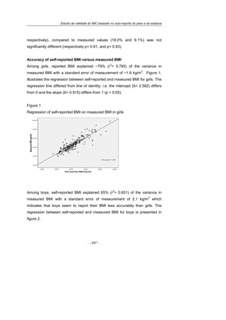 Estudo da validade do IMC baseado no auto-reporte do peso e da estatura
- 247 -
respectively), compared to measured values (18.0% and 9.1%) was not
significantly different (respectively p= 0.91, and p= 0.83).
Accuracy of self-reported BMI versus measured BMI
Among girls, reported BMI explained ~79% (r
2
= 0.785) of the variance in
measured BMI with a standard error of measurement of ~1.6 kg/m
2
. Figure 1,
illustrates the regression between self-reported and measured BMI for girls. The
regression line differed from line of identity, i.e. the intercept (ß= 2.562) differs
from 0 and the slope (ß= 0.915) differs from 1 (p < 0.05).
Figure 1
Regression of self-reported BMI on measured BMI in girls
Self-reported BMI (kg/m2)
35,0030,0025,0020,0015,0010,00
MeasuredBMI(kg/m2)
35,00
30,00
25,00
20,00
15,00
10,00
R Sq Linear = 0,785
Among boys, self-reported BMI explained 65% (r
2
= 0.651) of the variance in
measured BMI with a standard error of measurement of 2.1 kg/m
2
which
indicates that boys seem to report their BMI less accurately than girls. The
regression between self-reported and measured BMI for boys is presented in
figure 2.
 
