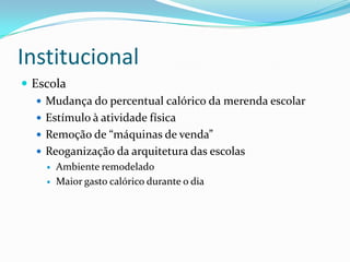 Institucional
 Escola
    Mudança do percentual calórico da merenda escolar
    Estímulo à atividade física
    Remoção de “máquinas de venda”
    Reoganização da arquitetura das escolas
       Ambiente remodelado
       Maior gasto calórico durante o dia
 
