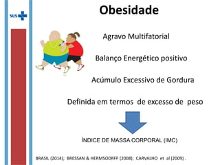 Obesidade
Agravo Multifatorial
Balanço Energético positivo
Acúmulo Excessivo de Gordura
Definida em termos de excesso de peso
ÍNDICE DE MASSA CORPORAL (IMC)
BRASIL (2014); BRESSAN & HERMSODRFF (2008); CARVALHO et al (2009) .
 