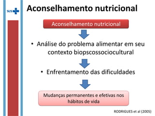 Aconselhamento nutricional
• Análise do problema alimentar em seu
contexto biopscossociocultural
• Enfrentamento das dificuldades
Aconselhamento nutricional
Mudanças permanentes e efetivas nos
hábitos de vida
Mudanças permanentes e efetivas nos
hábitos de vida
RODRIGUES et al (2005)
 
