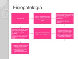 Fisiopatología
GESTACION
Modifica el metabolismo y la
fisiología materna para cubrir
los requerimientos materno-
fetales
Ajustes fisiológicos naturales
prácticamente iguales que el
fenotipo del síndrome
metabólico.
•resistencia a la insulina
hiperlipidemia, inflamación
sistémica
Aumenta reservas de grasa
para cubrir requerimientos
de gestación tardía y
lactancia
•Peso normal antes de embarazo:
compartimiento subcutáneo de
muslo
•Obesidad: grasa visceral
comportamiento metabólico
diferente en el adipocito
Estado inflamatorio en el
embarazo de una paciente
obesa provoca un estrés
oxidativo que también se da a
nivel intrauterino afectando la
unidad feto-placentaria.
Problemas metabólicos en el
embarazo como diabetes
mellitus gestacional,
dislipidemias, hipertensión
arterial sistémica y
preeclampsia, entre otras
 