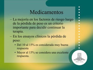 Medicamentos La mejoría en los factores de riesgo luego de la pérdida de peso es un criterio importante para decidir continuar la terapia.  En los ensayos clínicos la pérdida de peso: Del 10 al 15% es considerada muy buena respuesta Mayor al 15% se considera una excelente respuesta. 