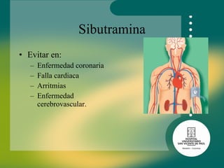 Sibutramina Evitar en: Enfermedad coronaria Falla cardiaca Arritmias Enfermedad cerebrovascular. 