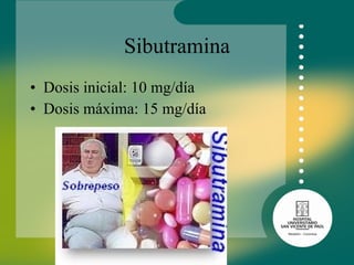 Sibutramina Dosis inicial: 10 mg/día Dosis máxima: 15 mg/día 