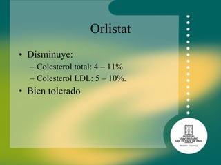 Orlistat Disminuye:  Colesterol total: 4 – 11%  Colesterol LDL: 5 – 10%.  Bien tolerado  
