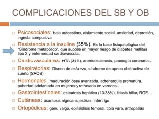 COMPLICACIONES DEL SB Y OB

   Psicosociales:       baja autoestima, aislamiento social, ansiedad, depresión,
    ingesta compulsiva
   Resistencia a la insulina (35%). Es la base fisiopatológica del
    "Síndrome metabólico", que supone un mayor riesgo de diabetes mellitus
    tipo 2 y enfermedad cardiovascular.
   Cardiovasculares:         HTA (34%), arterioesclerosis, patología coronaria…

   Respiratorias:       Disnea de esfuerzo, síndrome de apnea obstructiva de
    sueño (SAOS)
   Hormonales:      maduración ósea avanzada, adrenarquia prematura,
    pubertad adelantada en mujeres y retrasada en varones…
   Gastrointestinales: esteatosis hepática (13-38%), litiasis biliar, RGE…
   Cutáneas: acantosis nigricans, estrías, intértrigo
   Ortopédicas: genu valgo, epifisiolisis femoral, tibia vara, artropatías
 