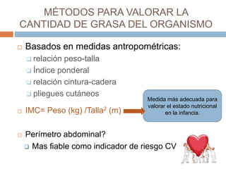 MÉTODOS PARA VALORAR LA
CANTIDAD DE GRASA DEL ORGANISMO

   Basados en medidas antropométricas:
     relación peso-talla
     Índice ponderal

     relación cintura-cadera

     pliegues cutáneos
                                    Medida más adecuada para
                                    valorar el estado nutricional
   IMC= Peso (kg) /Talla2 (m)             en la infancia.


   Perímetro abdominal?
     Mas fiable como indicador de riesgo CV
 