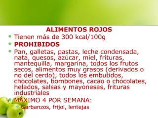 ALIMENTOS ROJOS
 Tienen más de 300 kcal/100g
 PROHIBIDOS
 Pan, galletas, pastas, leche condensada,
nata, quesos, azúcar, miel, frituras,
mantequilla, margarina, todos los frutos
secos, alimentos muy grasos (derivados o
no del cerdo), todos los embutidos,
chocolates, bombones, cacao o chocolates,
helados, salsas y mayonesas, frituras
industriales
 MÁXIMO 4 POR SEMANA:
 Garbanzos,

frijol, lentejas

 