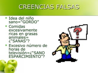 CREENCIAS FALSAS
 Idea

del niño
sano=“GORDO”
 Comidas
excesivamente
ricas en grasas
animales=
¿“SANAS”?
 Excesivo número de
horas de
televisión=¿“SANO
ESPARCIMIENTO”?

 