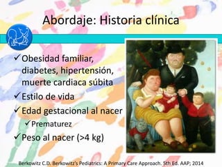 Abordaje: Historia clínica
Obesidad familiar,
diabetes, hipertensión,
muerte cardiaca súbita
Estilo de vida
Edad gestacional al nacer
Prematurez
Peso al nacer (>4 kg)
Berkowitz C.D. Berkowitz’s Pediatrics: A Primary Care Approach. 5th Ed. AAP; 2014
 