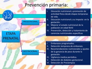 Prevención primaria:
ETAPA
PRENATAL
PREGESTACIONAL
GESTACIONAL
I. Educación nutricional y promoción de
actividad física desde etapas tempranas
de vida.
II. Educación nutricional y su impacto en la
gestación.
III. Mejorar el estado nutricional de la
población en edad fértil
IV. Prevención, detección y tratamiento de
carencias nutricionales especificas
I. Embarazos programados.
II. Detección temprana de embarazo.
III. Recomendaciones nutricionales y ajustes
de la ganancia de peso durante la
gestación.
IV. Vigilancia medica periódica.
V. Detección de diabetes gestacional.
VI. Detección de Preclampsia
 