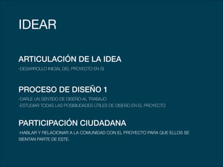 !
IDEAR
ARTICULACIÓN DE LA IDEA
-DESARROLLO INICIAL DEL PROYECTO EN SI
!
PROCESO DE DISEÑO 1
-DARLE UN SENTIDO DE DISEÑO AL TRABAJO
-ESTUDIAR TODAS LAS POSIBILIDADES ÚTILES DE DISEÑO EN EL PROYECTO
!
PARTICIPACIÓN CIUDADANA
-HABLAR Y RELACIONAR A LA COMUNIDAD CON EL PROYECTO PARA QUE ELLOS SE
SIENTAN PARTE DE ESTE.
 