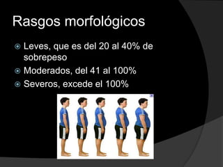 Rasgos morfológicos
 Leves, que es del 20 al 40% de
  sobrepeso
 Moderados, del 41 al 100%
 Severos, excede el 100%
 