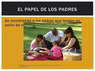 EL PAPEL DE LOS PADRES

Se recomienda a los padres que tengan un
estilo de vida saludable y lo fomenten.




       http://labibliaweb.com/sumergete-en-la-biblia/reflexiones-e-inspiracion/17468-el-padre-como-
       maestro-de-sus-hijos.html
 