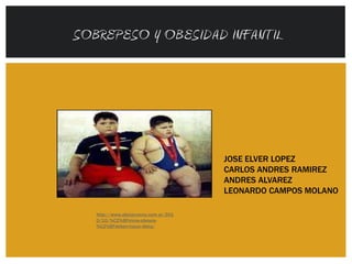 SOBREPESO Y OBESIDAD INFANTIL




                                        JOSE ELVER LOPEZ
                                        CARLOS ANDRES RAMIREZ
                                        ANDRES ALVAREZ
                                        LEONARDO CAMPOS MOLANO

   http://www.aliciacrocco.com.ar/201
   0/10/%C2%BFninos-obesos-
   %C2%BFdeben-hacer-dieta/
 