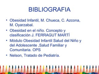 BIBLIOGRAFIA
• Obesidad Infantil, M. Chueca, C. Azcona,
  M. Oyarzabal.
• Obesidad en el niño. Concepto y
  clasificación J. FERRAGUT MARTÍ
• Módulo Obesidad Infantil Salud del Niño y
  del Adolescente ,Salud Familiar y
  Comunitaria. OPS
• Nelson, Tratado de Pediatría.
 