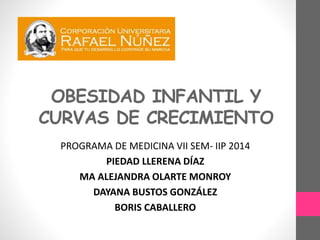 OBESIDAD INFANTIL Y
CURVAS DE CRECIMIENTO
PROGRAMA DE MEDICINA VII SEM- IIP 2014
PIEDAD LLERENA DÍAZ
MA ALEJANDRA OLARTE MONROY
DAYANA BUSTOS GONZÁLEZ
BORIS CABALLERO
 