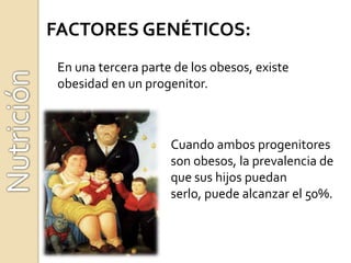 FACTORES GENÉTICOS:<br />En una tercera parte de los obesos, existe obesidad en un progenitor. <br />Nutrición<br />Cuando...