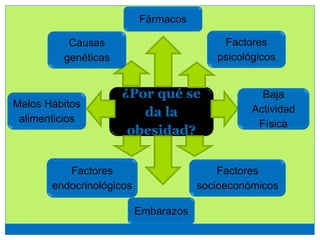 ¿Por qué se
da la
obesidad?
Causas
genéticas
Factores
psicológicos
Embarazos
Factores
socioeconómicos
Factores
endocrinológicos
Malos Hábitos
alimenticios
Baja
Actividad
Física
Fármacos
 