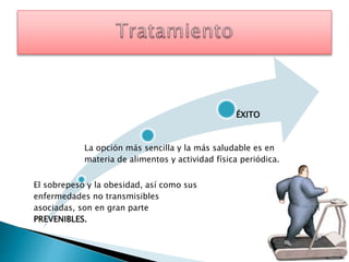 El sobrepeso y la obesidad, así como sus
enfermedades no transmisibles
asociadas, son en gran parte
PREVENIBLES.
La opción más sencilla y la más saludable es en
materia de alimentos y actividad física periódica.
ÉXITO
 