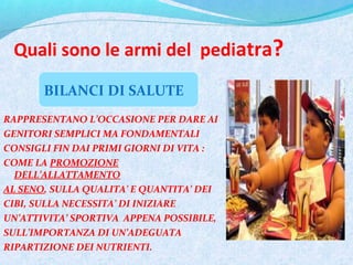 Quali sono le armi del pediatra?
RAPPRESENTANO L’OCCASIONE PER DARE AI
GENITORI SEMPLICI MA FONDAMENTALI
CONSIGLI FIN DAI PRIMI GIORNI DI VITA :
COME LA PROMOZIONE
DELL’ALLATTAMENTO
AL SENO, SULLA QUALITA’ E QUANTITA’ DEI
CIBI, SULLA NECESSITA’ DI INIZIARE
UN’ATTIVITA’ SPORTIVA APPENA POSSIBILE,
SULL’IMPORTANZA DI UN’ADEGUATA
RIPARTIZIONE DEI NUTRIENTI.
BILANCI DI SALUTE
 