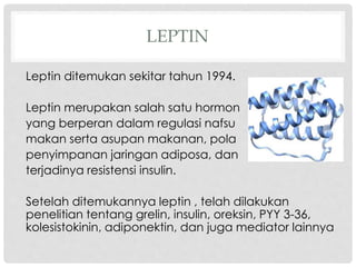 LEPTIN
Leptin ditemukan sekitar tahun 1994.
Leptin merupakan salah satu hormon
yang berperan dalam regulasi nafsu
makan serta asupan makanan, pola
penyimpanan jaringan adiposa, dan
terjadinya resistensi insulin.

Setelah ditemukannya leptin , telah dilakukan
penelitian tentang grelin, insulin, oreksin, PYY 3-36,
kolesistokinin, adiponektin, dan juga mediator lainnya

 