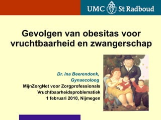 Gevolgen van obesitas voor vruchtbaarheid en zwangerschap Dr. Ina Beerendonk,  Gynaecoloog  MijnZorgNet voor Zorgprofessionals Vruchtbaarheidsproblematiek 1 februari 2010, Nijmegen 