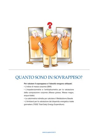 www.lucapecchioli.it
QUANTO SONO IN SOVRAPPESO?
Per valutare il soprappeso e l’obesità vengono utilizzati:
• L’indice di massa corporea (BMI)
• L’impedenziometria e l’antroplicometria per la valutazione
della composizione corporea (Massa grassa, Massa magra,
acqua totale)
• La calorimetria indiretta per calcolare il Metabolismo Basale
• L’Armband per la valutazione del dispendio energetico totale
giornaliero (TDEE Total Daily Energy Expenditure)
 