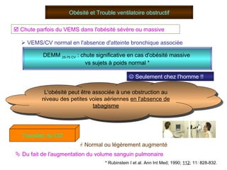 Obésité et Trouble ventilatoire obstructif    Chute parfois du VEMS dans l'obésité sévère ou massive    VEMS/CV normal en l'absence d'atteinte bronchique associée DEMM  25-75 CV  : chute significative en cas d'obésité massive  vs sujets à poids normal * * Rubinstein I et al. Ann Int Med; 1990;  112 ; 11: 828-832.    Seulement chez l'homme !! Transfert du CO    Normal ou légèrement augmenté    Du fait de l'augmentation du volume sanguin pulmonaire L'obésité peut être associée à une obstruction au niveau des petites voies aériennes  en l'absence de tabagisme 