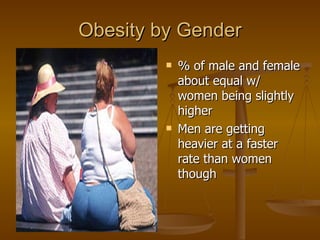 Obesity by Gender % of male and female about equal w/ women being slightly higher Men are getting heavier at a faster rate than women though 