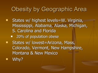 Obesity by Geographic Area States w/ highest levels=W. Virginia, Mississippi, Alabama, Alaska, Michigan, S. Carolina and Florida 20% of population obese States w/ lowest=Arizona, Mass, Colorado, Vermont, New Hampshire, Montana & New Mexico Why? 