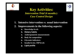 Key Activities:
           Intervention Trial (6 months):
                Case Control Design

1. Intensive intervention vs. usual intervention
2. Improvements in the following aspects:
      a.   Knowledge levels
      b.   Dietary habits
      c.   Anthropometric measurements
      d.   Body fat composition
      e.   Glycemic indicators
      f.   Insulin levels, CRP levels
      g.   Lipid profile
 