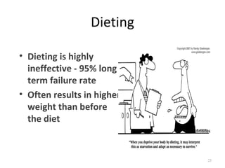 Dieting

• Dieting is highly
  ineffective - 95% long
  term failure rate
• Often results in higher
  weight than before
  the diet



                            23
 