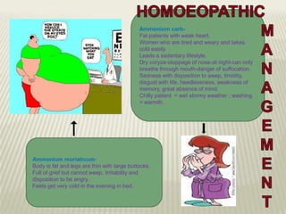 Ammonium carbFat patients with weak heart.
Women who are tired and weary and takes
cold easily.
Leads a sedentary lifestyle.
Dry coryza-stoppage of nose-at night-can only
breathe through mouth-danger of suffocation.
Sadness with disposition to weep, timidity,
disgust with life, heedlessness, weakness of
memory, great absence of mind.
Chilly patient < wet stormy weather ; washing
> warmth.

Ammonium muriaticumBody is fat and legs are thin with large buttocks.
Full of grief but cannot weep. Irritability and
disposition to be angry.
Feets get very cold in the evening in bed.

 
