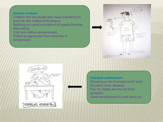 Antium crudumChildren and old people who have a tendency to
grow fat with coated white tongue.
Belching and great eructations of ingesta.bloating
after eating.
Cold and callous excrescenses.
Patient is aggravated from extremes of
temperature.

Calcarea carbonicumSweating on the forehead which wets
the pillow while sleeping.
Fair, fat, flabby are the red lined
symptom.
Great sensitiveness to cold damp air.

 
