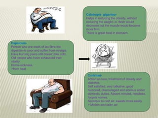 Calotropis giganteaHelps in reducing the obesity, without
reducing the weight i.e. flesh would
decrease but the muscle would become
more firm.
There is great heat in stomach.
CapsicumPerson who are weak of lax fibre.the
digestion is poor and suffer from myalgia.
Have burning pains still doesn’t like cold.
Old people who have exhausted their
vitality.
Home-sickness.
>from heat
CarlsbadAction on liver, treatment of obesity and
diabetes.
Self satisfied, very talkative, good
humored. Discouraged and anxious about
domestic duties. Absent minded, heedless,
forgets names.
Sensitive to cold air. sweats more easily.
> Motion and open air.

 
