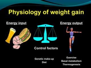 Physiology of weight gain
Energy input Energy output
Control factors
Genetic make-up
Diet
Exercise
Basal metabolism
Thermogenesis
 