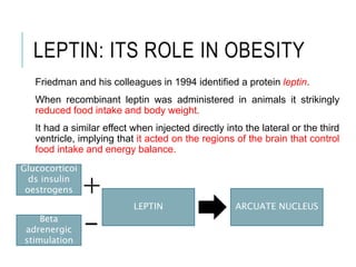 LEPTIN: ITS ROLE IN OBESITY
Friedman and his colleagues in 1994 identified a protein leptin.
When recombinant leptin was administered in animals it strikingly
reduced food intake and body weight.
It had a similar effect when injected directly into the lateral or the third
ventricle, implying that it acted on the regions of the brain that control
food intake and energy balance.
LEPTIN ARCUATE NUCLEUS
Glucocorticoi
ds insulin
oestrogens
Beta
adrenergic
stimulation
+
-
 